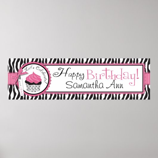 Zebra Print and Cupcake Birthday Banner (Voorkant)