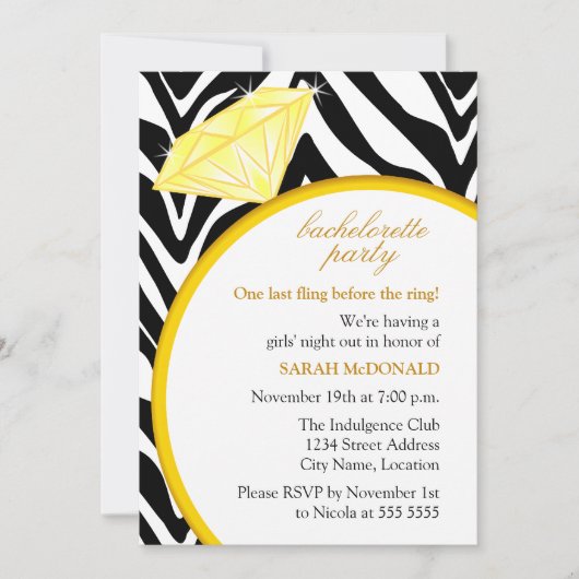 Zebra Print and Gold Ring Bachelorette Party Kaart (Voorkant)