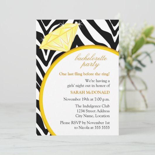 Zebra Print and Gold Ring Bachelorette Party Kaart (Staand voorkant)