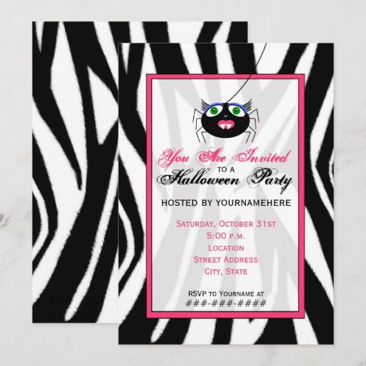 Zebra Print and Pink Girl Spider Halloween Party Kaart (Voorkant / Achterkant)
