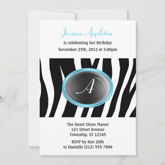 Zebra Print Aqua Blue Glass Monogram Birthday Kaart (Voorkant)