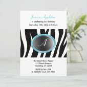 Zebra Print Aqua Blue Glass Monogram Birthday Kaart (Staand voorkant)