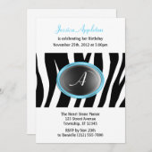 Zebra Print Aqua Blue Glass Monogram Birthday Kaart (Voorkant / Achterkant)