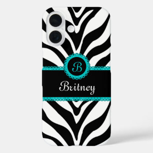 Zebra Print Aqua Lace Monogram iPhone 16 Hoesje