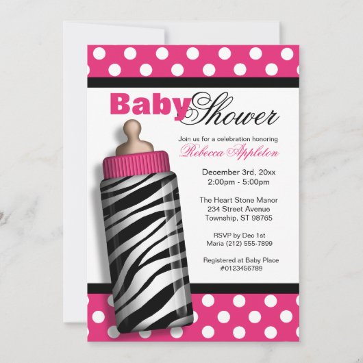 Zebra Print Baby Bottle Hot Pink Baby shower Kaart (Voorkant)