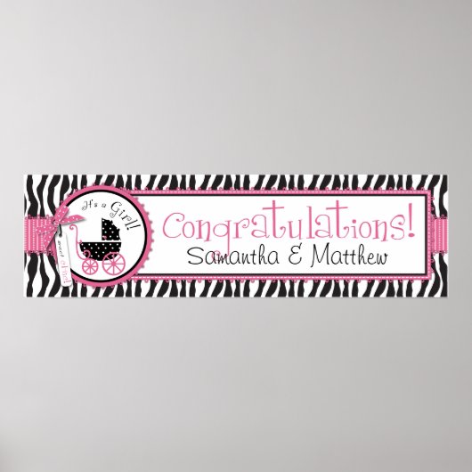 Zebra Print & Baby Carriage Baby shower Banner (Voorkant)