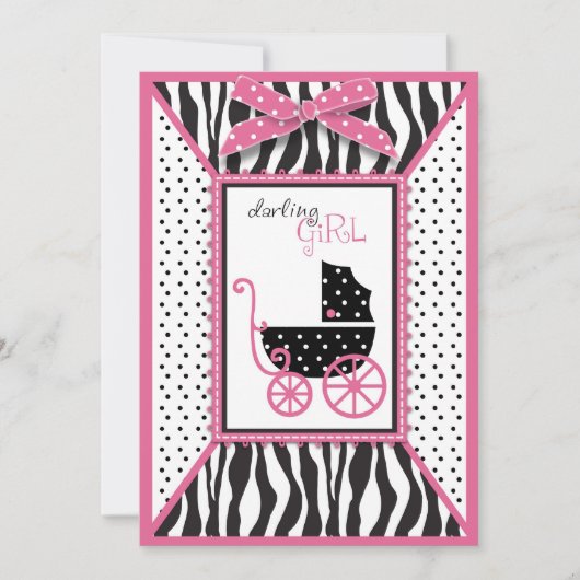 Zebra Print & Baby Carriage Baby shower Invitation Kaart (Voorkant)