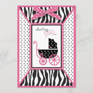 Zebra Print & Baby Carriage Baby shower Invitation Kaart