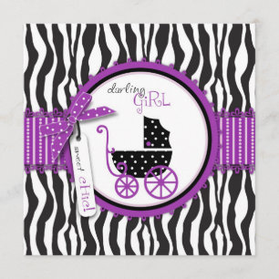 Zebra Print & Baby Carriage Baby shower Invitation Kaart