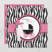 Zebra Print & Baby Carriage Baby shower Invitation Kaart (Voorkant / Achterkant)