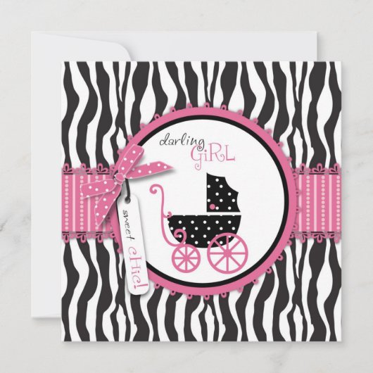 Zebra Print & Baby Carriage Baby shower Invitation Kaart (Voorkant)