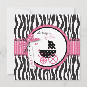 Zebra Print & Baby Carriage Baby shower Invitation Kaart