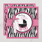 Zebra Print & Baby Carriage Baby shower Invitation Kaart (Voorkant / Achterkant)