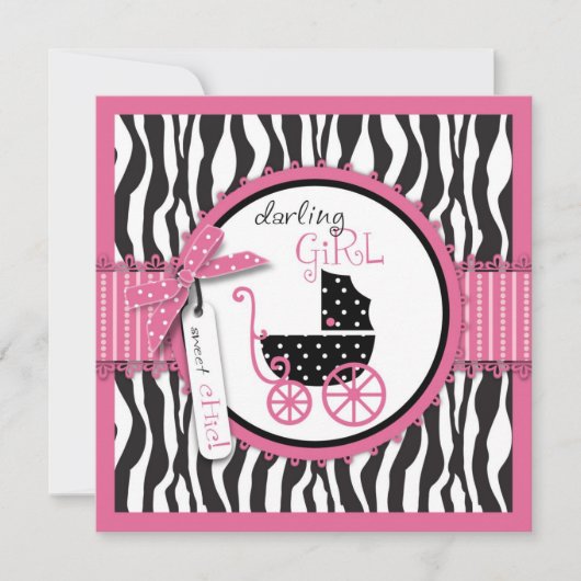 Zebra Print & Baby Carriage Baby shower Invitation Kaart (Voorkant)
