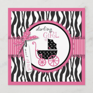 Zebra Print & Baby Carriage Baby shower Invitation Kaart