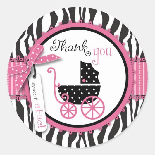 Zebra Print & Baby Carriage Bedankt Ronde Sticker (Voorkant)