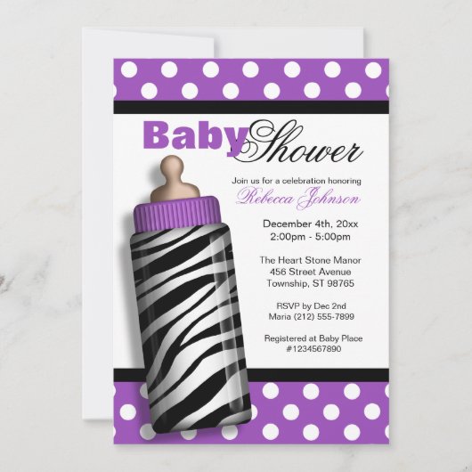 Zebra Print Baby Fles Paars Baby shower Kaart (Voorkant)