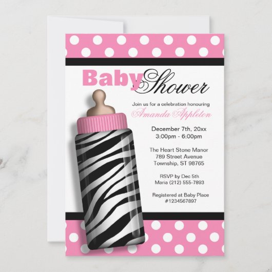 Zebra Print Baby Fles roze Baby shower Kaart (Voorkant)