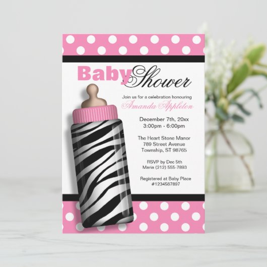 Zebra Print Baby Fles roze Baby shower Kaart (Staand voorkant)