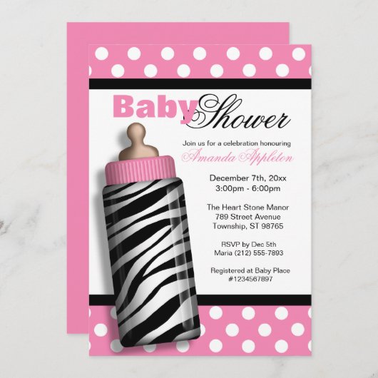 Zebra Print Baby Fles roze Baby shower Kaart (Voorkant / Achterkant)