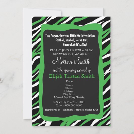 Zebra Print Baby shower Invitation - Green Kaart (Voorkant)