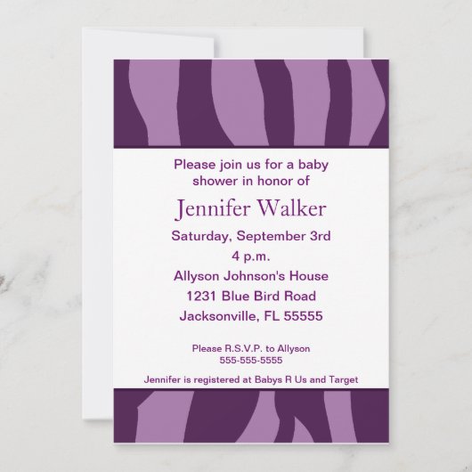 Zebra Print Baby shower - Paars Kaart (Voorkant)