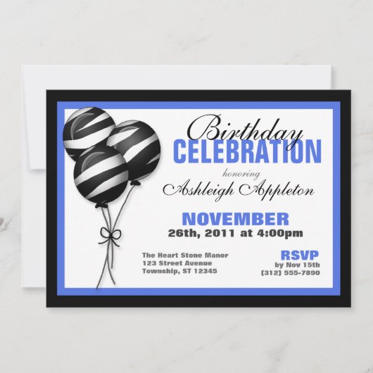 Zebra Print Balloons Blue Birthday Invitations Kaart (Voorkant)