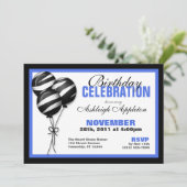 Zebra Print Balloons Blue Birthday Invitations Kaart (Staand voorkant)