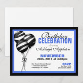 Zebra Print Balloons Blue Birthday Invitations Kaart (Voorkant / Achterkant)