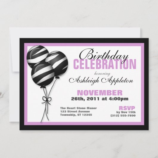 Zebra Print Balloons Paarse uitnodiging (Voorkant)