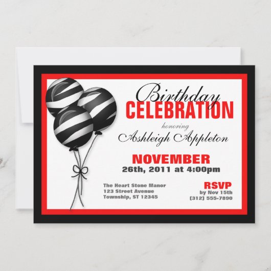 Zebra Print Balloons Red Birthday Invitations Kaart (Voorkant)