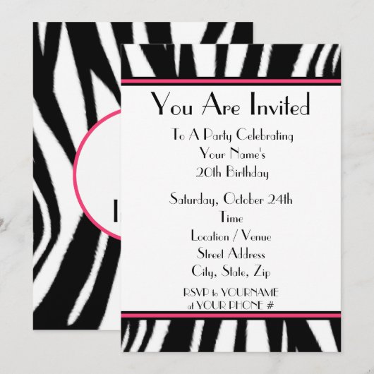 Zebra Print Birthday Party Invitation Kaart (Voorkant / Achterkant)