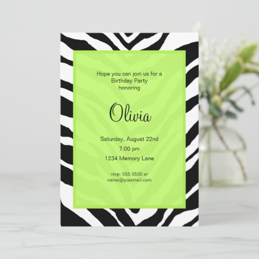 Zebra Print Birthday Party Invitation Kaart (Staand voorkant)