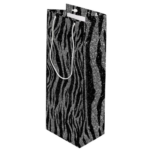 Zebra Print Black en Grey Silver Wijn Cadeautas (Voorkant Gekanteld)