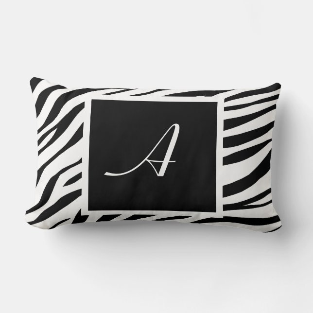 Zebra Print Black & White Monogram Lumbar Pillow Kussen (Voorkant)