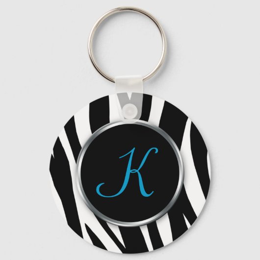 Zebra Print : blauw monogram : Sleutelhanger (Voorkant)