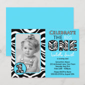 Zebra Print Blue First Birthday Kaart (Voorkant / Achterkant)