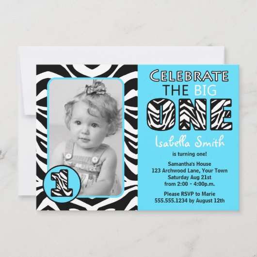 Zebra Print Blue First Birthday Kaart (Voorkant)