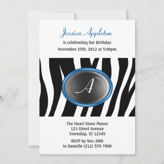 Zebra Print Blue Glass Monogram Birthday Kaart (Voorkant)