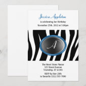 Zebra Print Blue Glass Monogram Birthday Kaart (Voorkant / Achterkant)