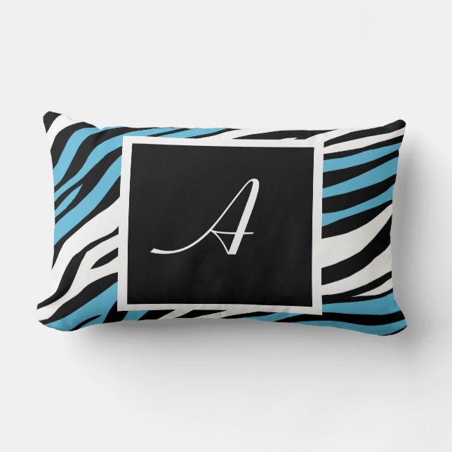 Zebra Print Blue Mix Monogram Lumbar Pillow Kussen (Voorkant)