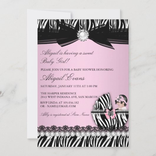 Zebra Print & Bow Baby Girl Baby shower Kaart (Voorkant)