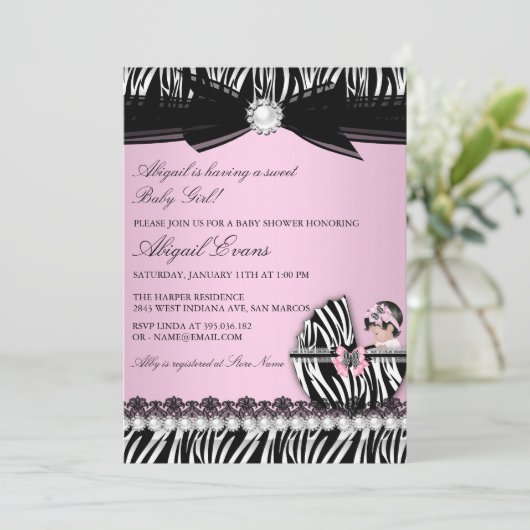 Zebra Print & Bow Baby Girl Baby shower Kaart (Staand voorkant)