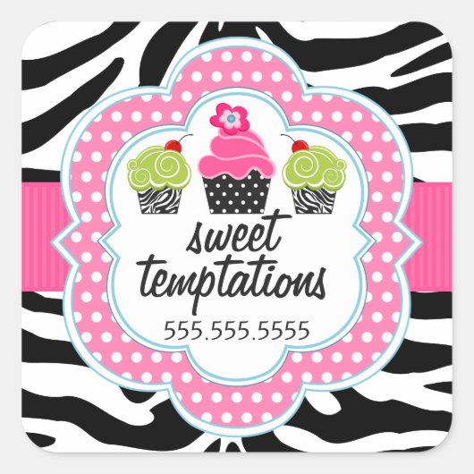 Zebra Print Cupcake bakkerij Vierkante Sticker (Voorkant)