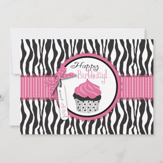 Zebra Print & Cupcake Birthday Kaart (Voorkant)