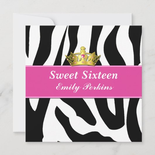 Zebra Print en Crown Sweet Sixteen Uitnodiging (Voorkant)