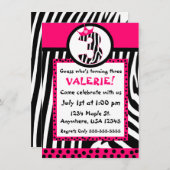 Zebra print en roze diva 3e verjaardagsuitnodiging kaart (Voorkant / Achterkant)
