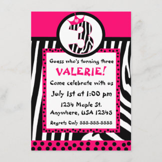 Zebra print en roze diva 3e verjaardagsuitnodiging kaart
