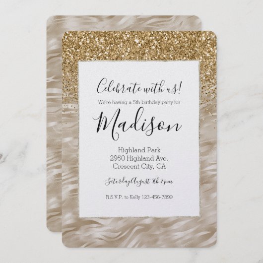 Zebra Print Faux Gold Glitter Kaart (Voorkant / Achterkant)