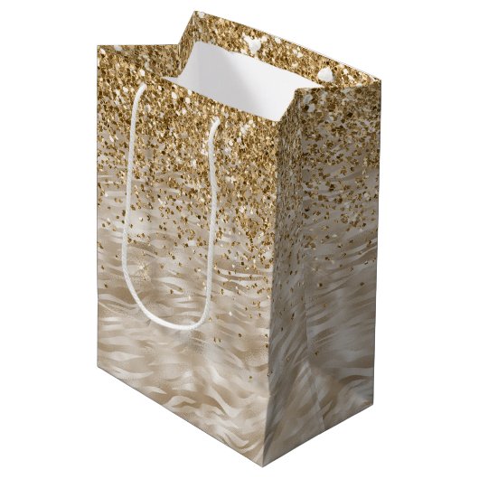 Zebra Print Faux Gold Glitter Medium Cadeauzakje (Voorkant Gekanteld)